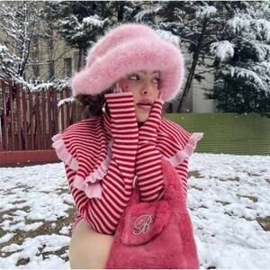 NEW Mongolian Fluffy Furry Pink Faux Fur Luxury Ear Coverage Bucket Beanie Hat